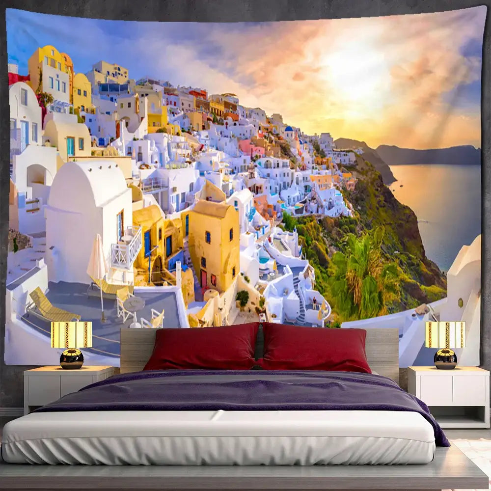Vibrant high-resolution tapestry depicting a sunlit santorini castle village sunset with whitewashed buildings and colorful accents