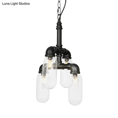 Sasin - Industrial Iron Chandelier with Black Piping and Clear Glass Shade