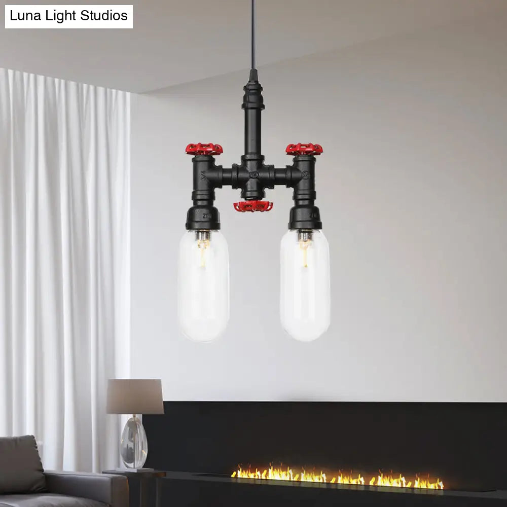 Sasin - Industrial Iron Chandelier with Black Piping and Clear Glass Shade