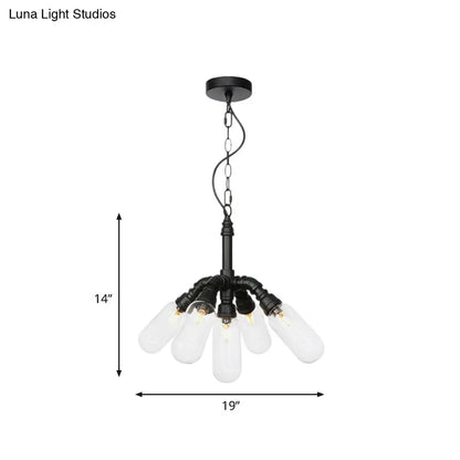 Sasin - Industrial Iron Chandelier with Black Piping and Clear Glass Shade