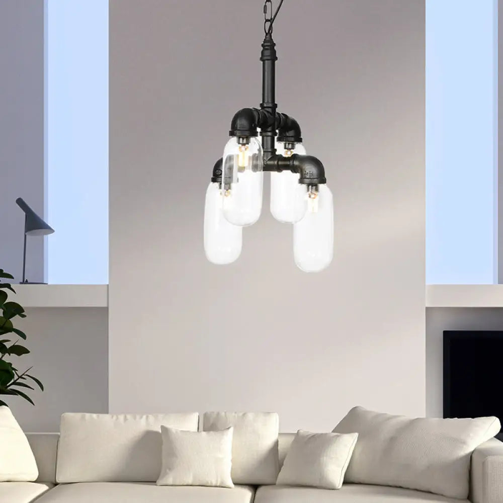 Sasin - Industrial Iron Chandelier with Black Piping and Clear Glass Shade