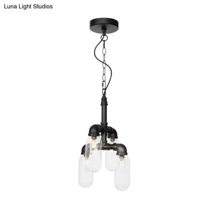 Sasin - Industrial Iron Chandelier with Black Piping and Clear Glass Shade