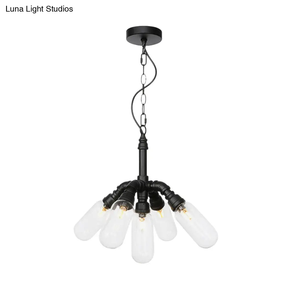 Sasin - Industrial Iron Chandelier with Black Piping and Clear Glass Shade