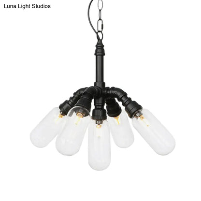 Sasin - Industrial Iron Chandelier with Black Piping and Clear Glass Shade