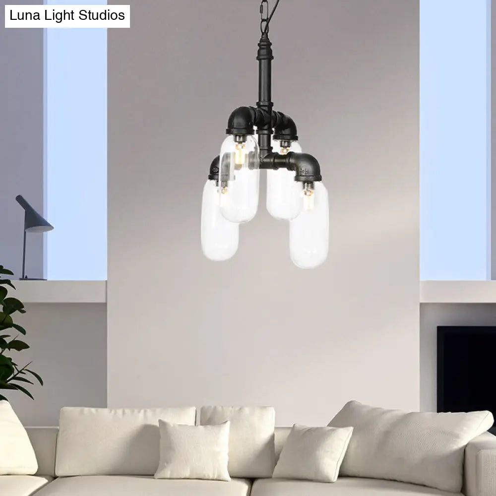 Sasin - Industrial Iron Chandelier with Black Piping and Clear Glass Shade