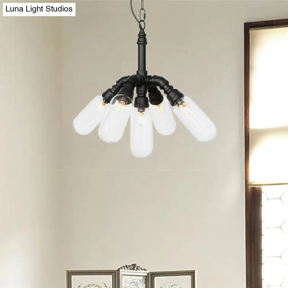 Sasin - Industrial Iron Chandelier with Black Piping and Clear Glass Shade