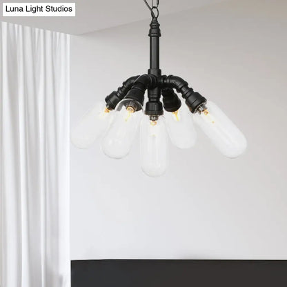 Sasin - Industrial Iron Chandelier with Black Piping and Clear Glass Shade