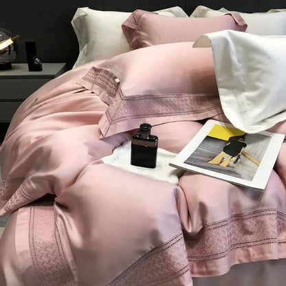 Pink satin bedding set with subtle geometric embroidery edges made from decorbites 1000tc lyocell fibre for bedroom decor