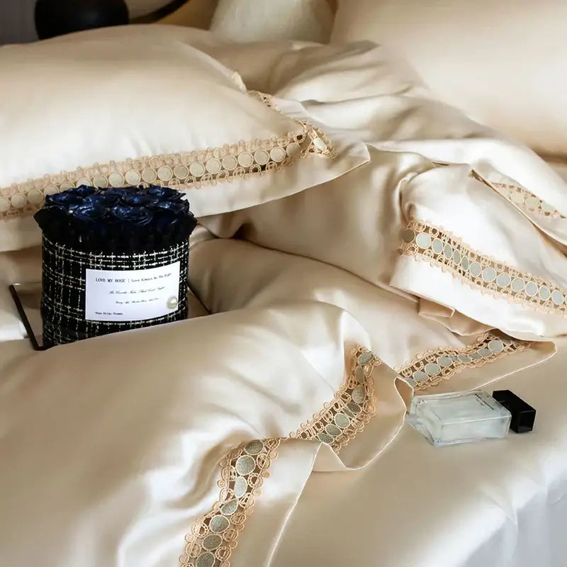 Cream satin duvet cover set with delicate gold lace trim in eucalyptus bedroom bedding collection