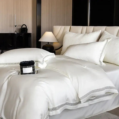 White satin duvet cover set with delicate silver geometric trim in cream and gold lace eucalyptus bedroom bedding