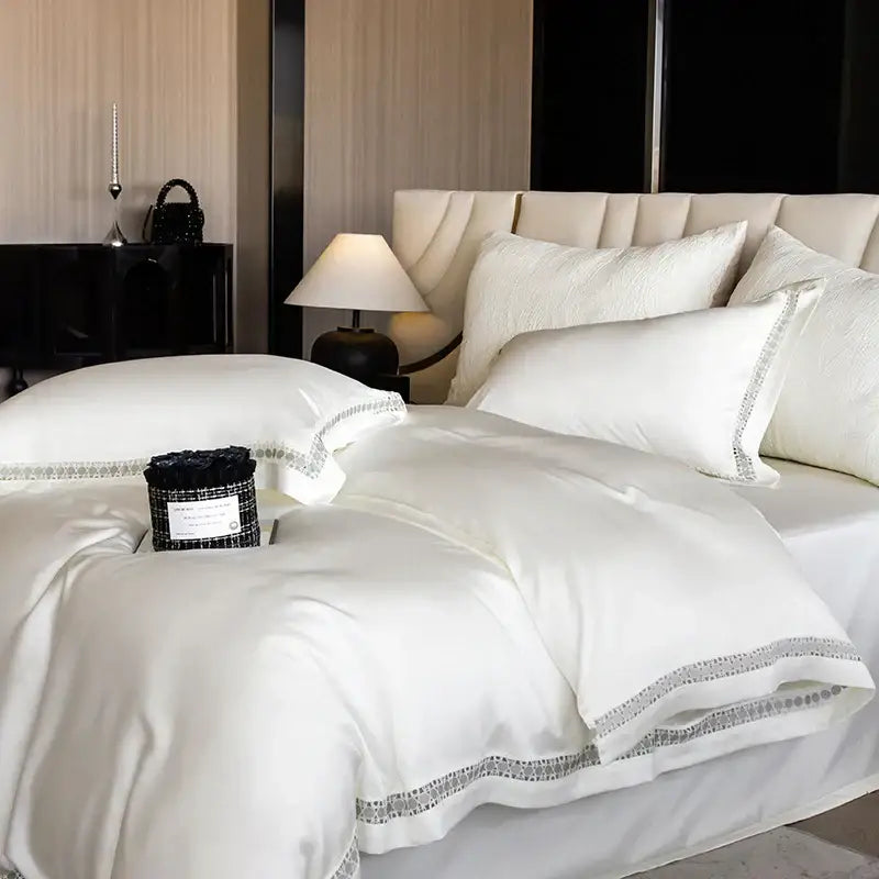 White satin duvet cover set with delicate silver geometric trim in cream and gold lace eucalyptus bedroom bedding