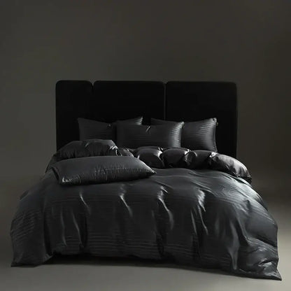 Dark gray satin duvet cover bedding set with subtle horizontal ribbing and silver pinstripe design