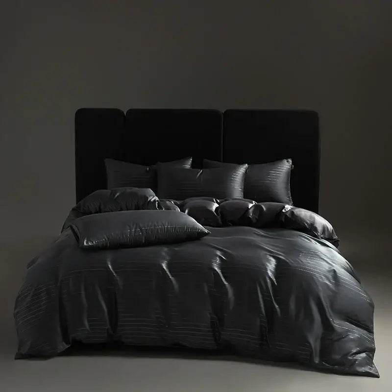 Dark gray satin duvet cover bedding set with subtle horizontal ribbing and silver pinstripe design