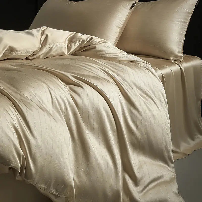 Cream-colored satin duvet cover with subtle vertical ribbing for a dark gray and silver pinstripe bedding set