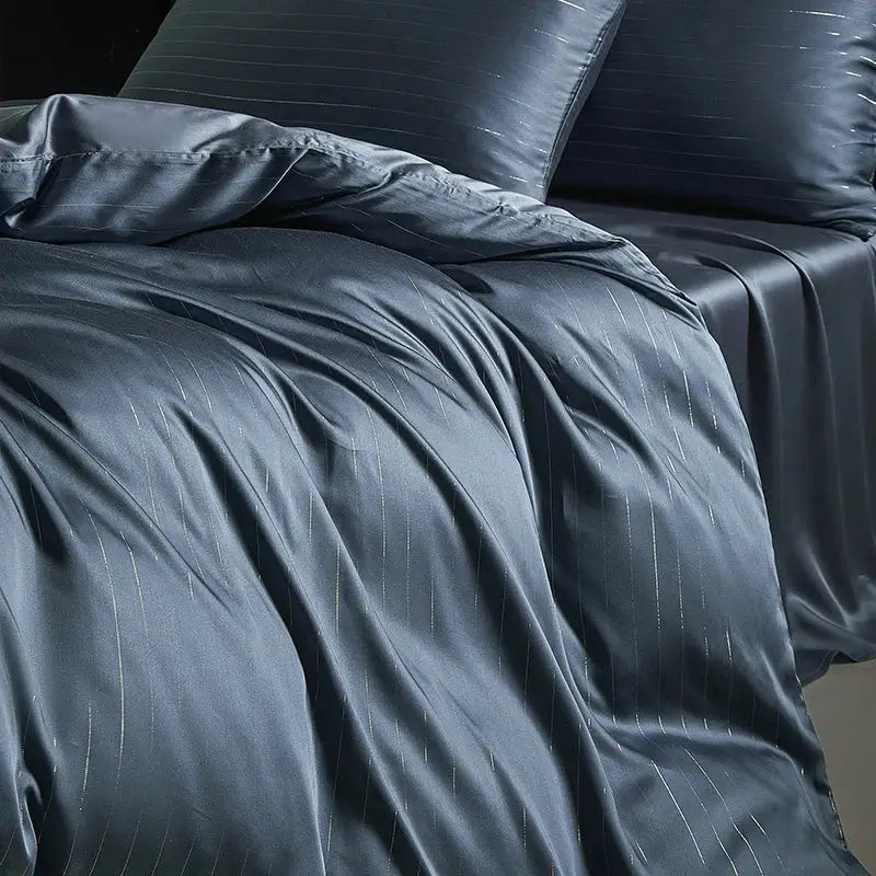 Dark gray satin duvet cover with subtle vertical pinstripes in bedding set for elegant bedroom decor