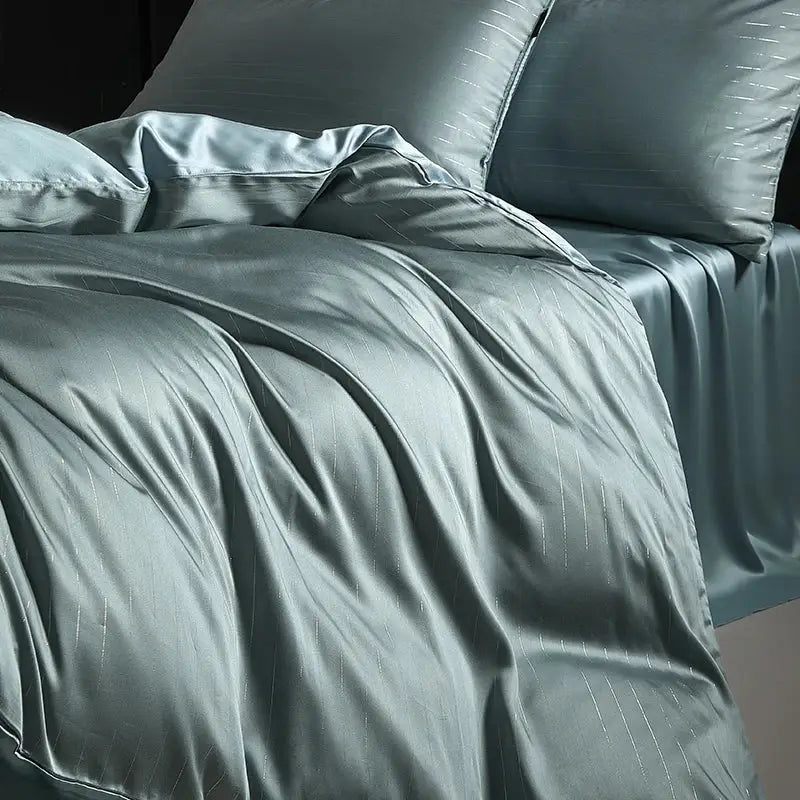 Silk-like teal satin duvet cover bedding set with subtle vertical stripe detailing for dark gray bedroom decor