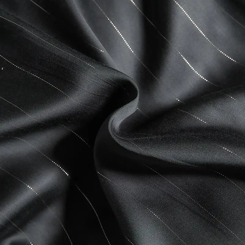Dark gray satin duvet cover bedding set with black pinstripe fabric and subtle silver thread detailing