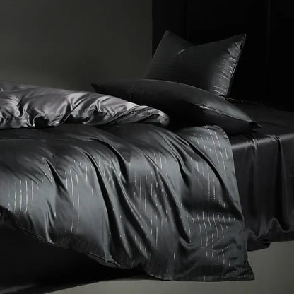 Dark gray satin duvet cover with subtle silver pinstripe design in bedding set for elegant bedroom decor