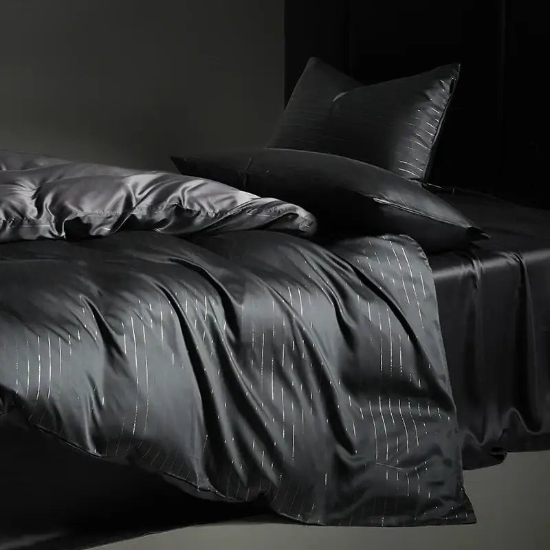 Dark gray satin duvet cover with subtle silver pinstripe design in bedding set for elegant bedroom decor