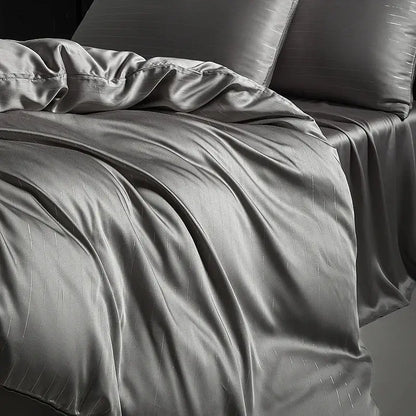 Silk gray satin duvet cover bedding set with subtle vertical ribbed texture in dark gray for bedroom use