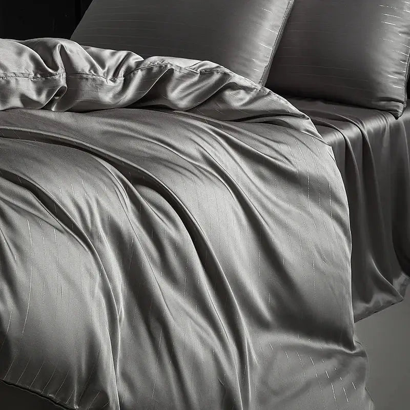 Silk gray satin duvet cover bedding set with subtle vertical ribbed texture in dark gray for bedroom use