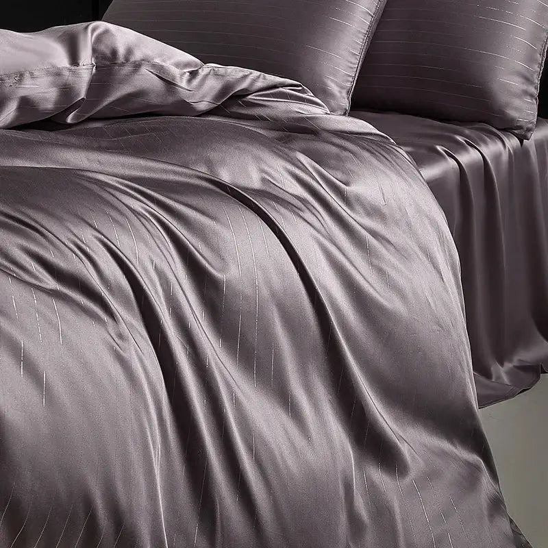Silk-like gray satin dark gray duvet cover with subtle silver vertical pinstripes in bedding set design