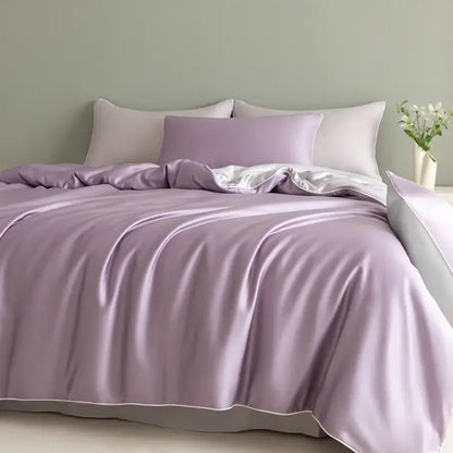 Lavender satin duvet cover bedding set with matching pillowcases and white trim solid color decorbites cool touch