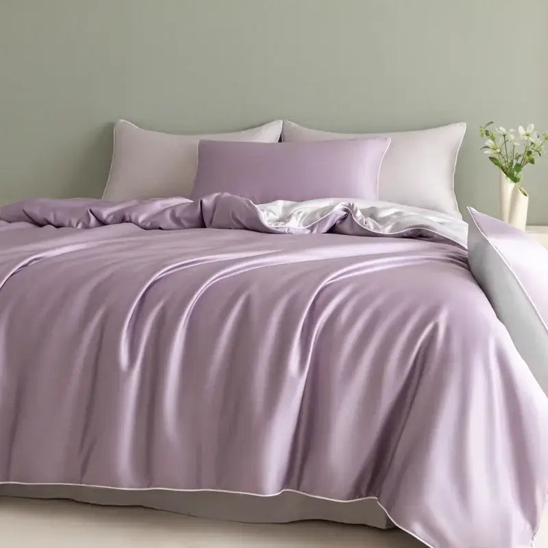 Lavender satin duvet cover bedding set with matching pillowcases and white trim solid color decorbites cool touch