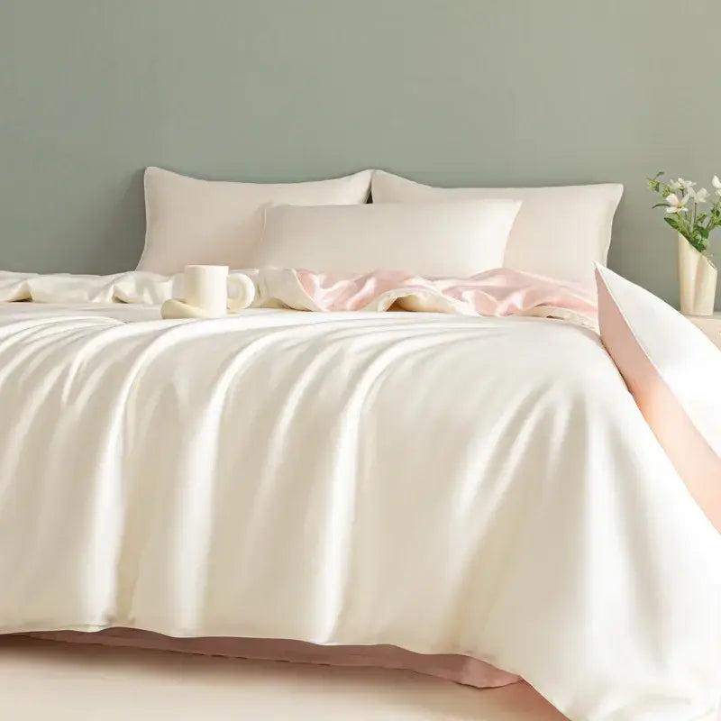 Cream-colored satin duvet cover with soft glossy finish and pink accents in solid color bedding set decorbites cool touch