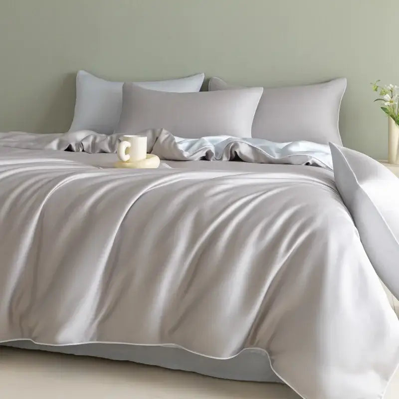 Silk-gray satin duvet cover bedding set with matching pillowcases featuring a smooth lustrous finish and decorbites cool touch