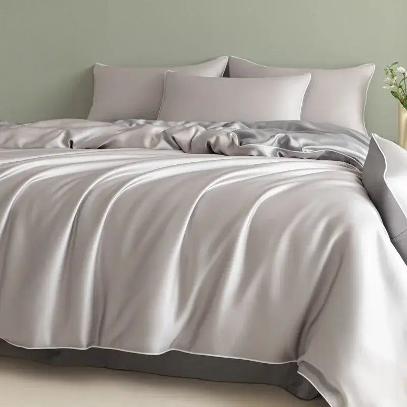 Silver-gray satin bedding set with matching pillowcases solid color decorbites cool touch duvet cover for bedroom