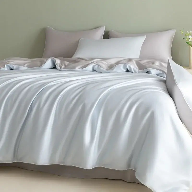 A soft light blue satin duvet cover with a smooth glossy finish for bedding set solid color decorbites cool touch
