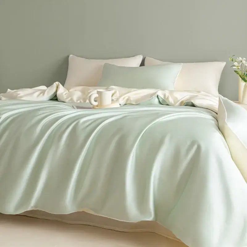 A soft pale mint green solid color satin duvet cover with a smooth glossy finish for decorbites cool touch bedding set