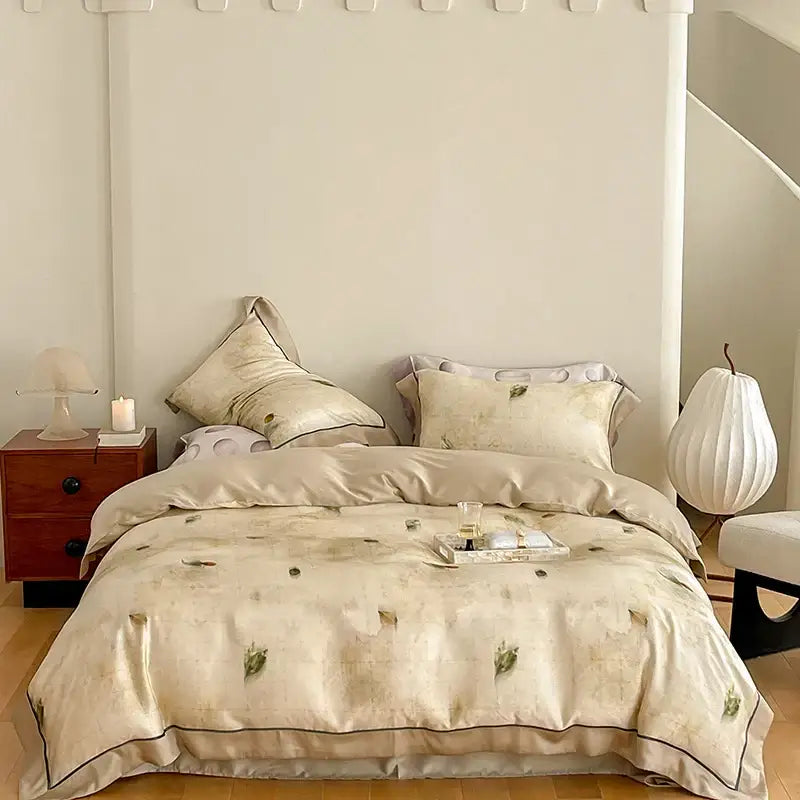 Beige satin duvet cover set with green leaf embroidery and dark piping in a satin egyptian cotton bedding set