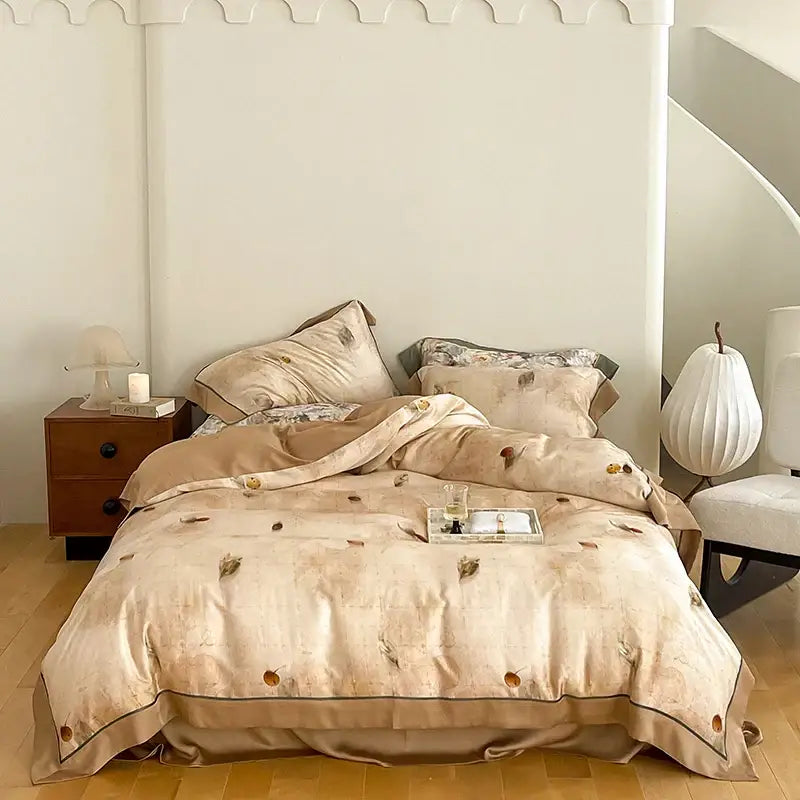 Beige satin bedding set with subtle leaf and fruit embroidery in a satin light blue and pink egyptian cotton bedding set