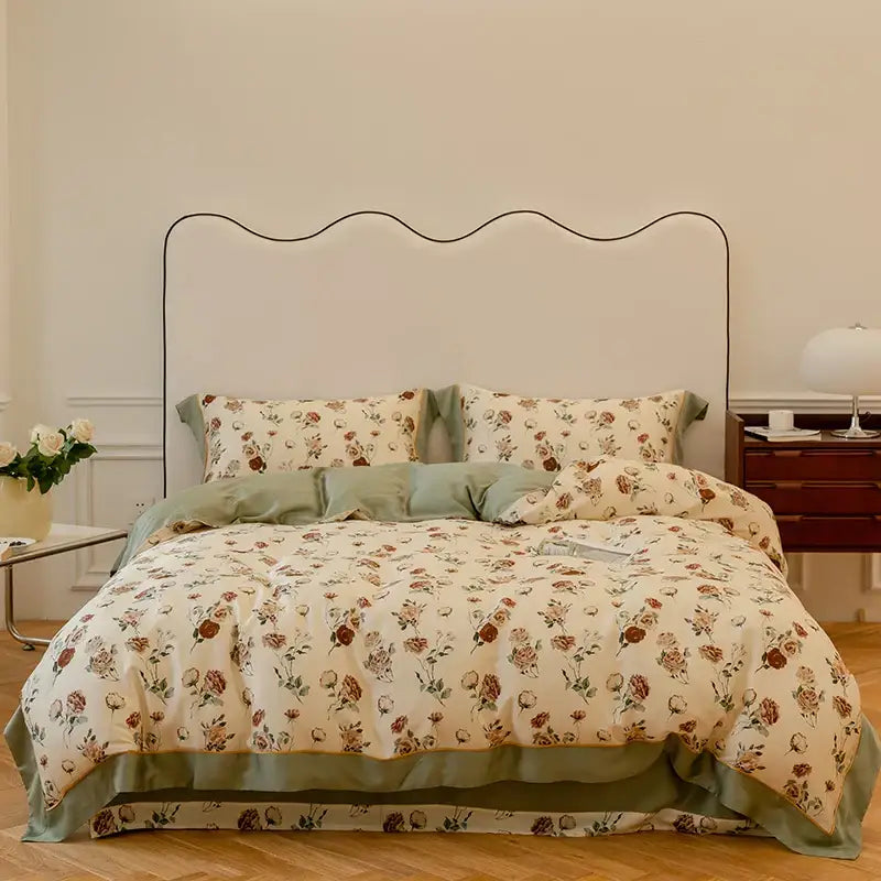 Cream-colored floral duvet set with sage green accents and satin finish in a light blue and pink egyptian cotton bedding set