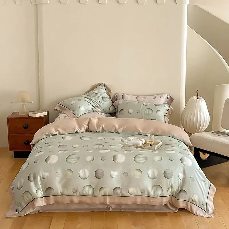 Light blue satin duvet cover with subtle circular pattern and pink piping in egyptian cotton bedding set