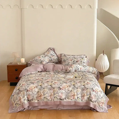 Floral-patterned egyptian cotton bedding set with soft pastel tones and satin-like lavender trim in light blue and pink