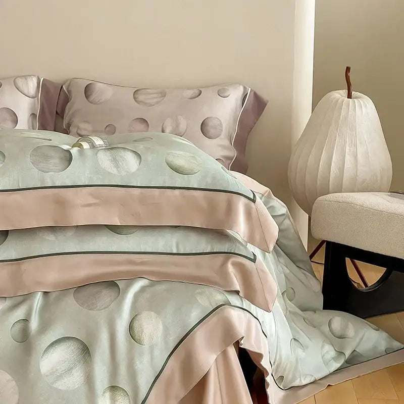 Pastel green and blush pink satin pillowcases with metallic pattern in a satin light blue and pink egyptian cotton bedding set