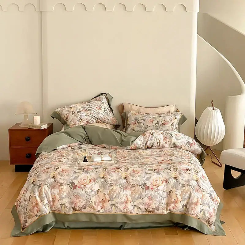 Satin light blue and pink egyptian cotton bedding set with soft floral pattern and sage green accents in a cotton bedding set