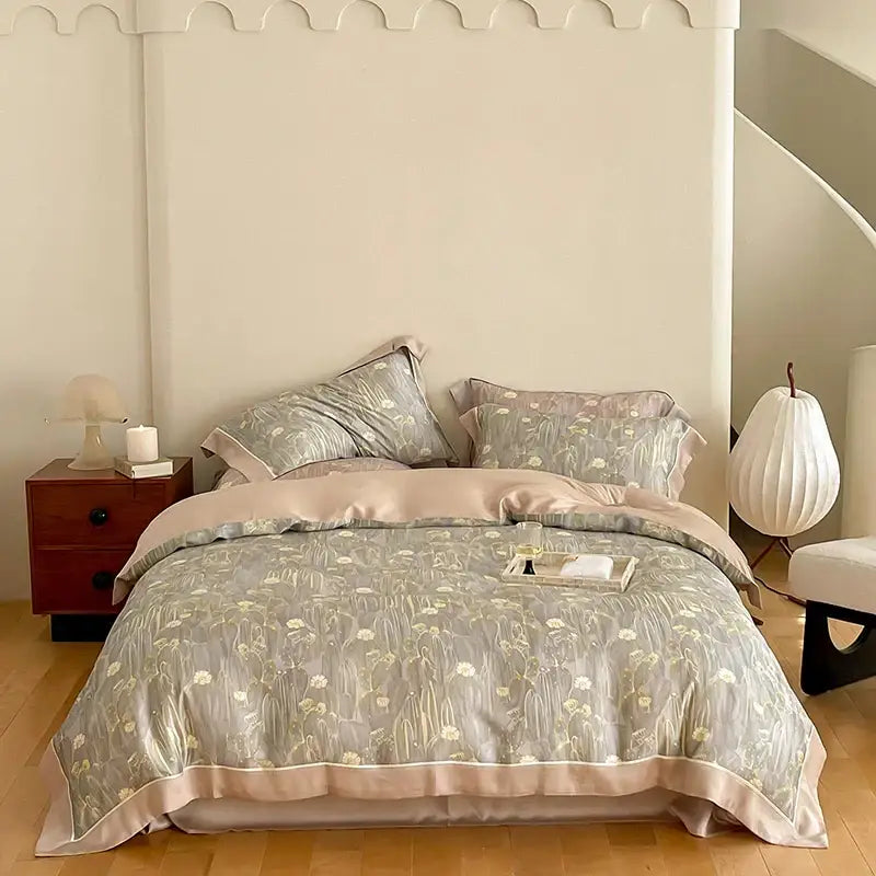 Soft gray floral egyptian cotton bedding set with delicate pastel accents and satin finish for bedroom use