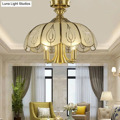 Satin Opal Glass Semi Flush Mount Lamp with Scalloped Design - 5 Bulbs, Colonial Brass Finish - Perfect for Living Room Lighting