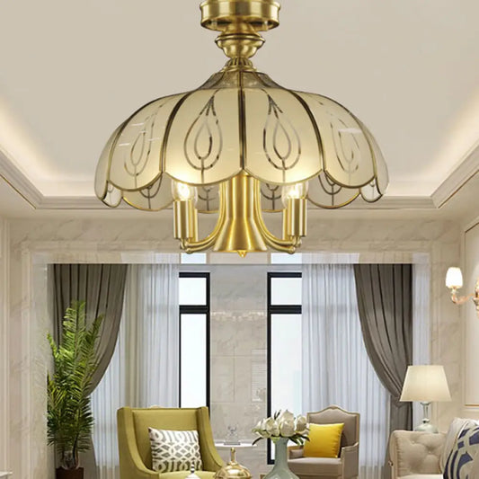 DecorBites™ DecorBites™ Satin Opal Glass Semi Flush Mount Lamp with Scalloped Design - 5 Bulbs, Colonial Brass Finish - Perfect for Living Room Lighting