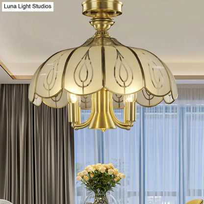 Satin Opal Glass Semi Flush Mount Lamp with Scalloped Design - 5 Bulbs, Colonial Brass Finish - Perfect for Living Room Lighting