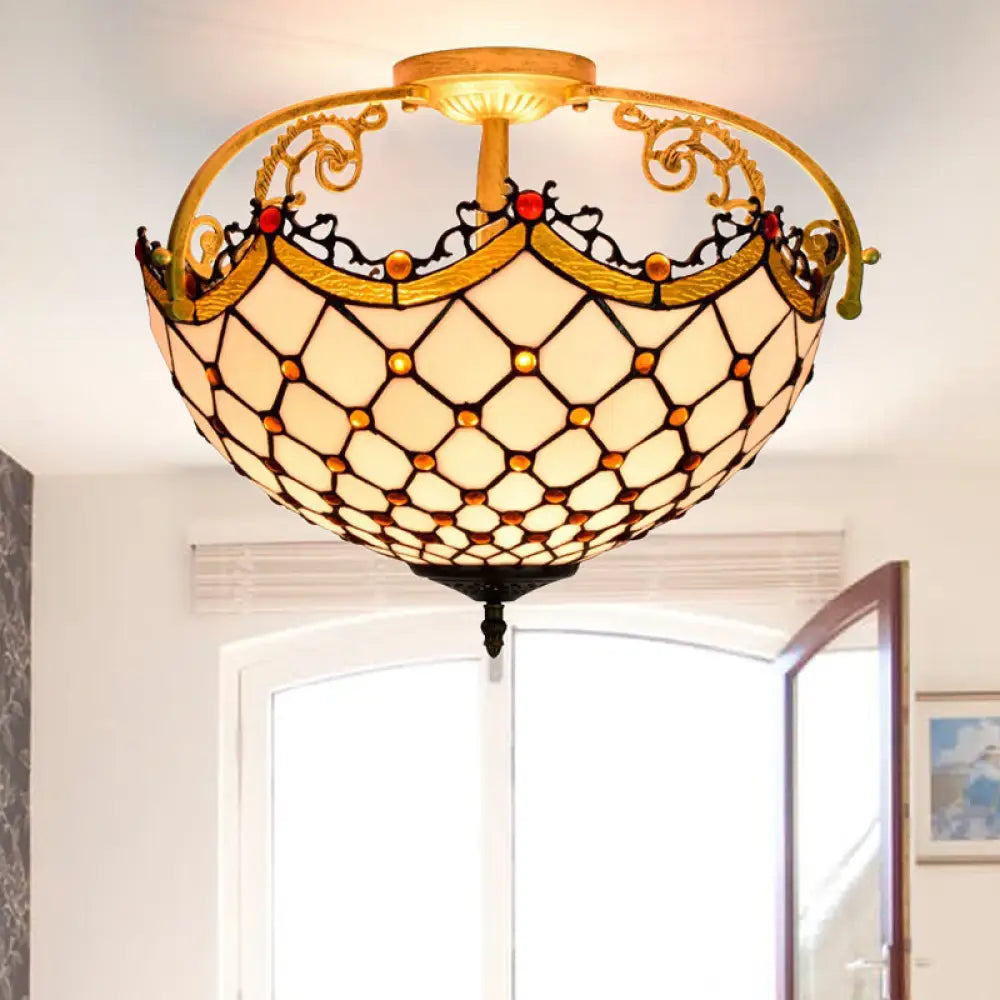 Scalloped Baroque Beige Stained Glass Ceiling Mount - 3-Light Semi Flush Light for Corridor