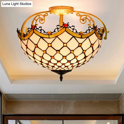 Scalloped Baroque Beige Stained Glass Ceiling Mount - 3-Light Semi Flush Light for Corridor