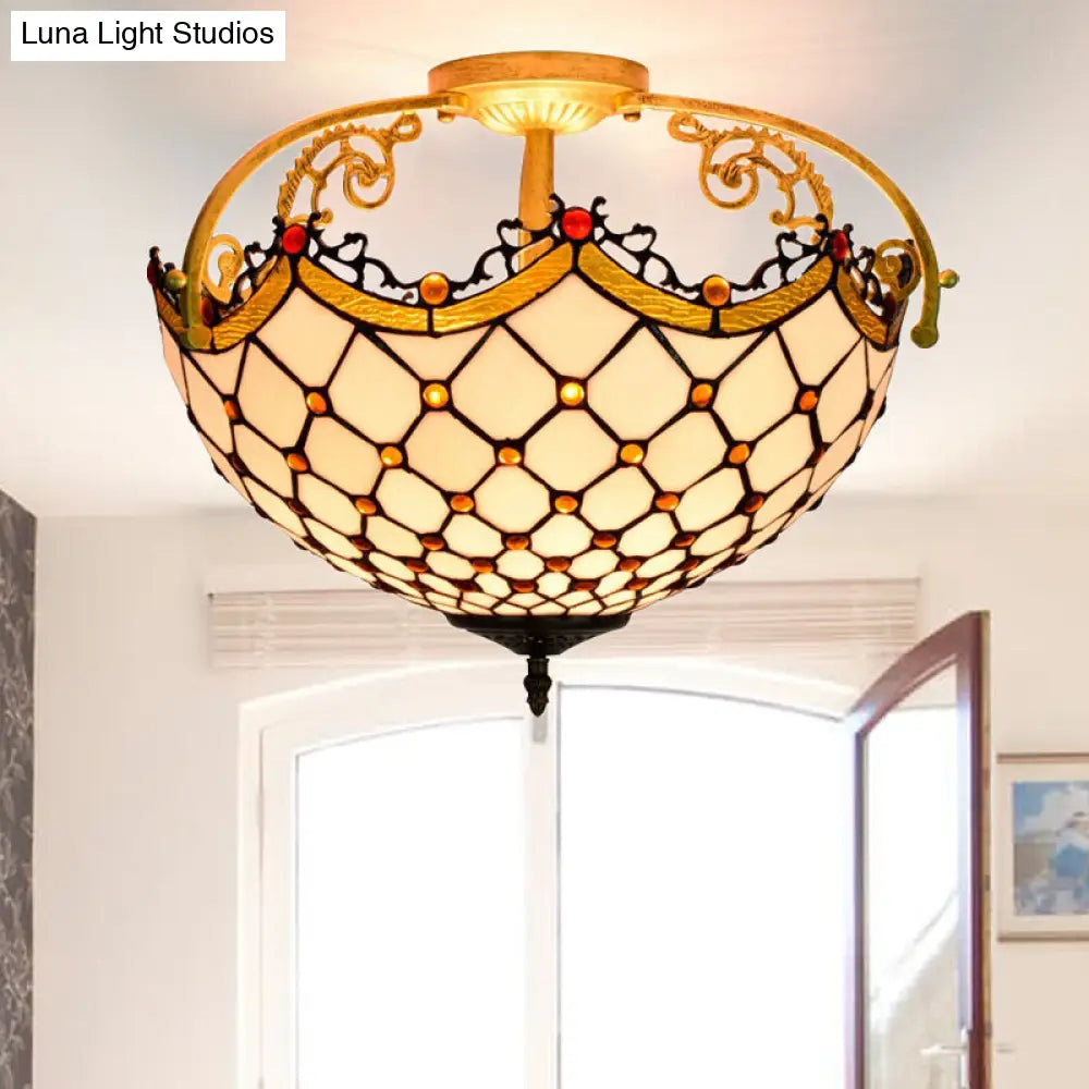 Scalloped Baroque Beige Stained Glass Ceiling Mount - 3-Light Semi Flush Light for Corridor