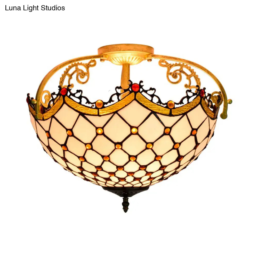 Scalloped Baroque Beige Stained Glass Ceiling Mount - 3-Light Semi Flush Light for Corridor