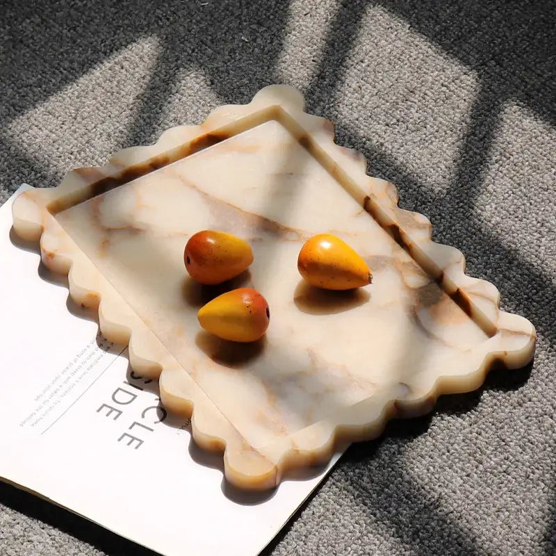 Rectangular scalloped calacatta viola marble tray with creamy white and warm brown veining for kitchen luxury decor