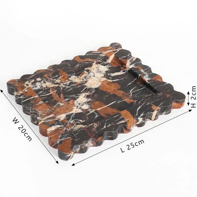 Rectangular scalloped calacatta viola marble tray with black orange and white swirling patterns for kitchen luxury decor